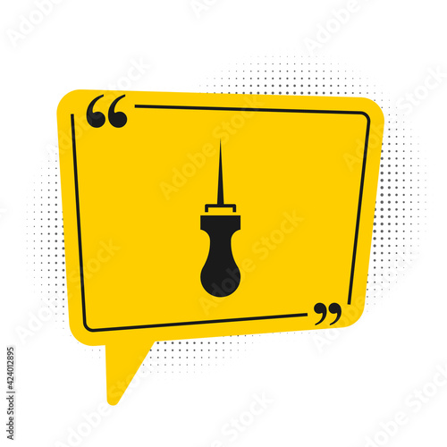 Black Awl tool with wooden handle icon isolated on white background. Work equipment tailor industry. Yellow speech bubble symbol. Vector