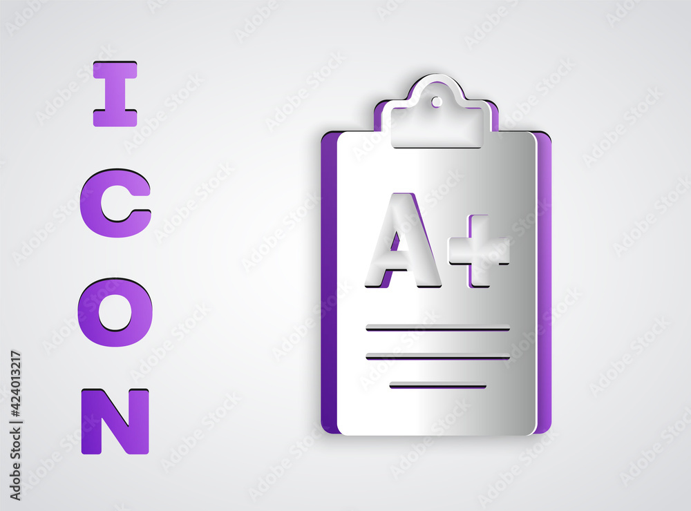 Paper cut Exam sheet with A plus grade icon isolated on grey background. Test paper, exam, or survey concept. School test or exam. Paper art style. Vector Paper cut Exam sheet with A plus grade icon isolated on grey background. Test paper, exam, or survey concept. School test or exam. Paper art style. Vector