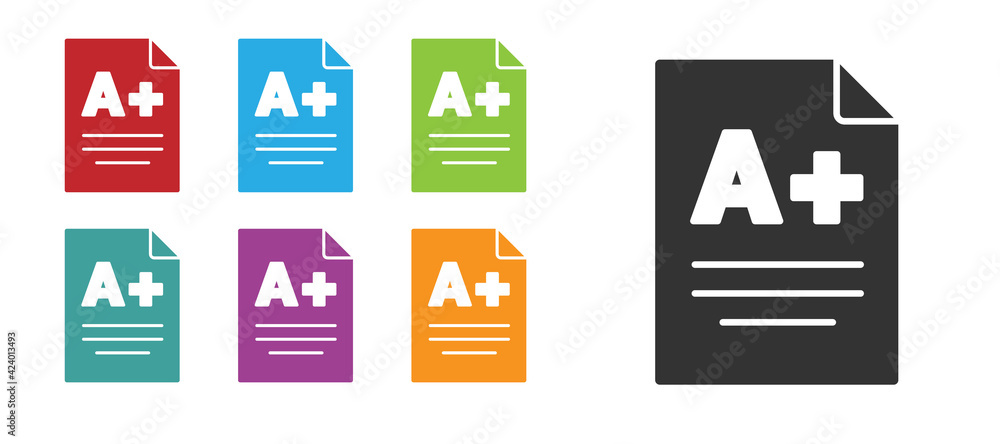 Black Exam sheet with A plus grade icon isolated on white background. Test paper, exam, or survey concept. School test or exam. Set icons colorful. Vector Black Exam sheet with A plus grade icon isolated on white background. Test paper, exam, or survey concept. School test or exam. Set icons colorful. Vector