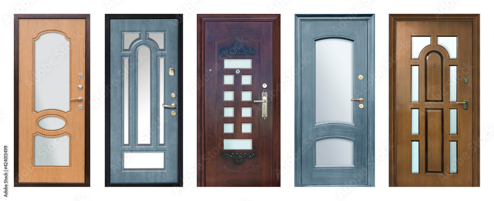 Set of models of entrance metal doors isolated on white background Set of models of entrance metal doors isolated on white background