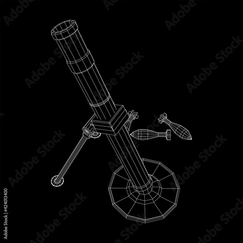 Firearm weapon army mortar and mine. Wireframe low poly