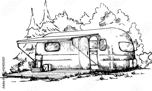 Camper Van Illustration Trailer House Black and White Sketch