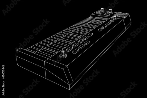 Piano roll analog synthesizer faders buttons knobs. Wireframe low poly mesh