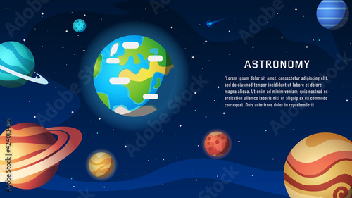 Solar system scheme with planets, stars. Banner, template, vector illustrations.