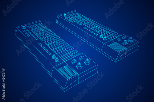 Piano roll analog synthesizer faders buttons knobs. Wireframe low poly mesh