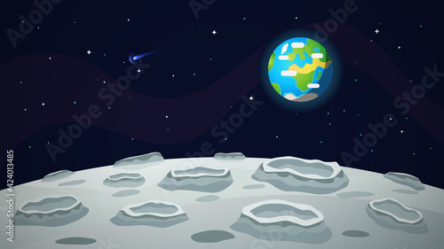 Fotografia, Obraz Moon landscape panorama Earth in the sky. Vector illustrations