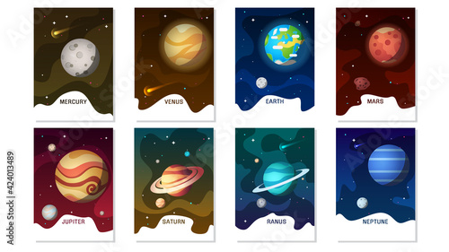 Set of banner templates Solar system planet. Mercury, venus, earth, mars, jupiter, saturn, uranus, neptune. 