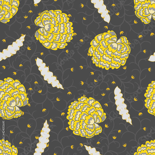 Yellow Peonies on Black Background Vector Seamless Pattern