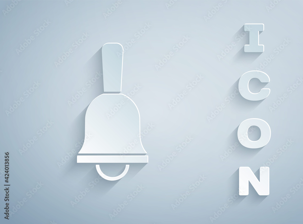 Paper cut Ringing bell icon isolated on grey background. Alarm symbol, service bell, handbell sign, notification symbol. Paper art style. Vector Paper cut Ringing bell icon isolated on grey background. Alarm symbol, service bell, handbell sign, notification symbol. Paper art style. Vector