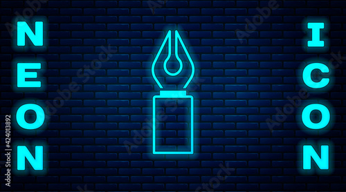 Glowing neon Fountain pen nib icon isolated on brick wall background. Pen tool sign. Vector