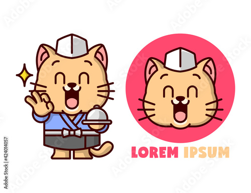 FUNNY CAT CARTOON MASCOT WEARING JAPANESE CHEF CLOTHES AND SERVING FOOD.