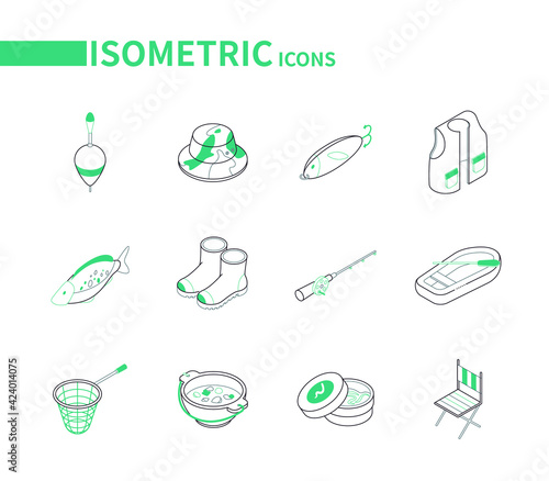 Fishing equipment - modern line isometric icons set