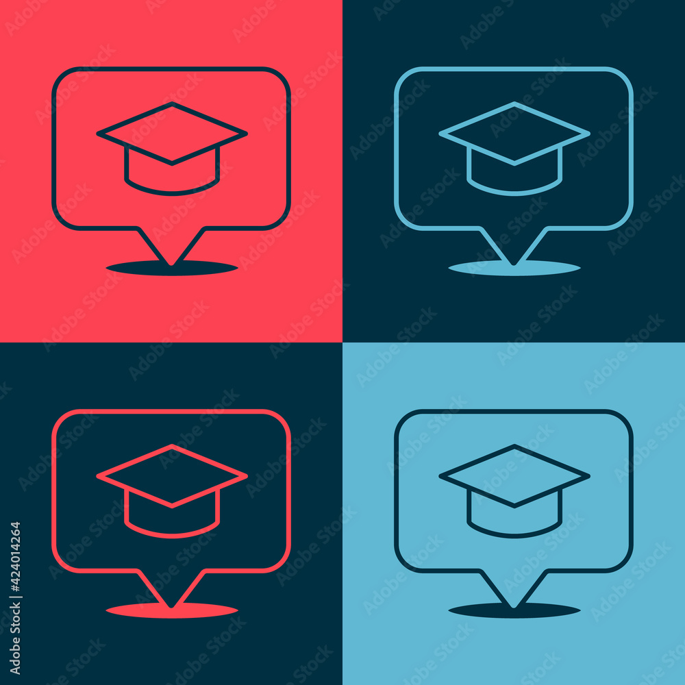 Pop art Graduation cap in speech bubble icon isolated on color background. Graduation hat with tassel icon. Vector Pop art Graduation cap in speech bubble icon isolated on color background. Graduation hat with tassel icon. Vector