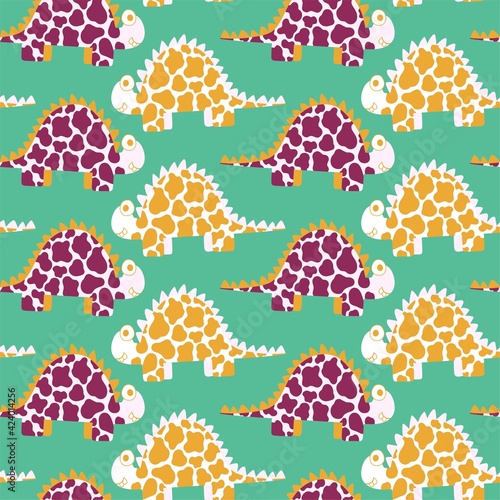 Cartoon stegosaurus dinosaur childish seamless pattern vector. Colorful cute smiling simple dino by yellow, purple, green and white colors. Hand drawn spotted dinosaurs with bone plates on backs photo