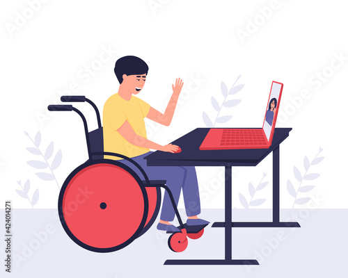 A disabled guy communicates with a girl he knows through video communication. Internet communication. The concept of an accessible environment for people with disabilities. Vector illustration
