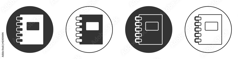 Black Notebook icon isolated on white background. Spiral notepad icon. School notebook. Writing pad. Diary for school. Circle button. Vector Black Notebook icon isolated on white background. Spiral notepad icon. School notebook. Writing pad. Diary for school. Circle button. Vector