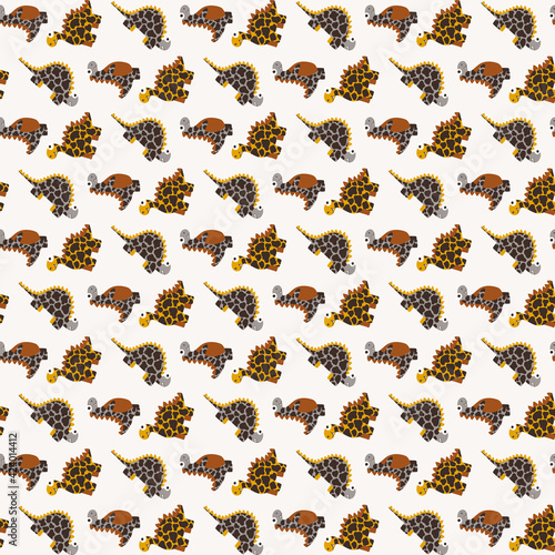 Natural earthy colors dinosaur seamless pattern vector. Simple cartoon hand drawn dinos by dark oak, cooper, greige and goldenrod colors. Smiling spotter different dinosaurs dot seamless pattern
