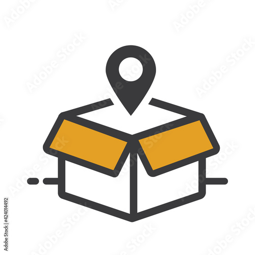 Open box with pin indicating location, icon.