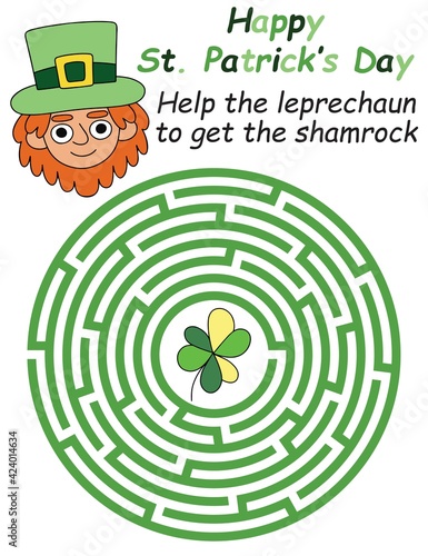 Happy St Patrick's Day maze game stock vector illustration. Help the leprechaun to get the shamrock printable labyrinth worksheet. Spring irish celtic holiday childish activity page. One of a series