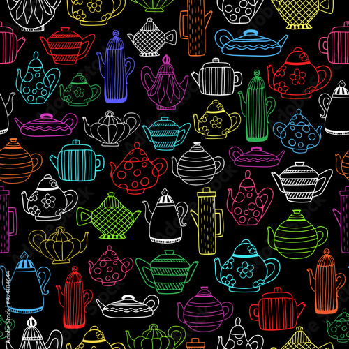 Teapot pattern. Tea time backdrop. Hand drawn sketch neon style teapots background. Ink art kettle print. Teapot silhouette. Hand draw teapot fabric, textile templete. Chalk style drawn tea pot vect