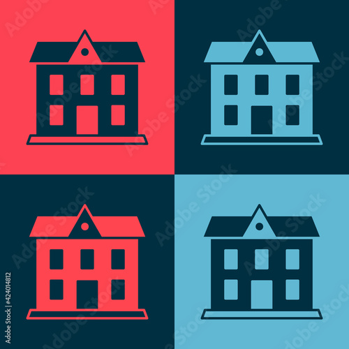 Pop art School building icon isolated on color background. Vector