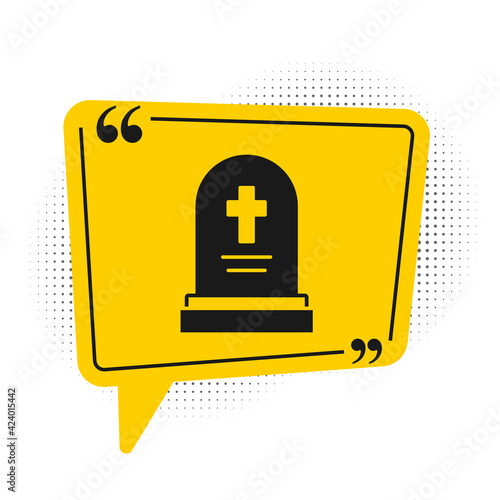 Black Grave with tombstone icon isolated on white background. Yellow speech bubble symbol. Vector