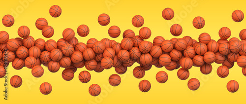 Basketball flying balls. Many orange basketball balls flying over yellow background. Realistic vector background