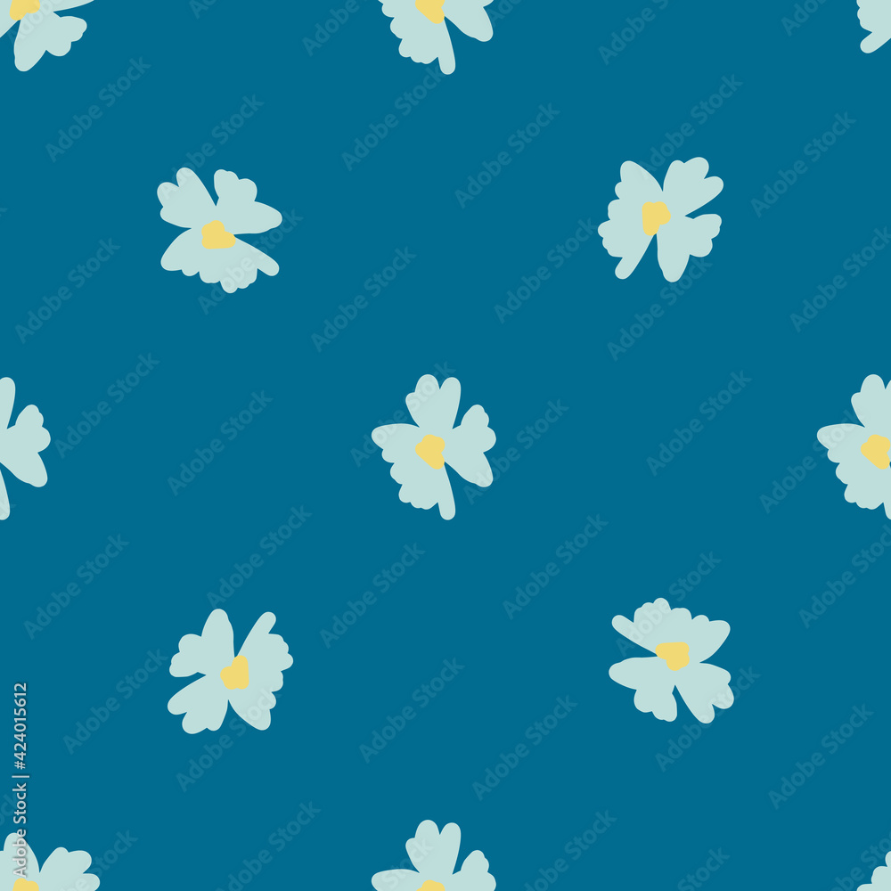 Simple style seamless pattern with blue colored flowers print on bright navy blue background.