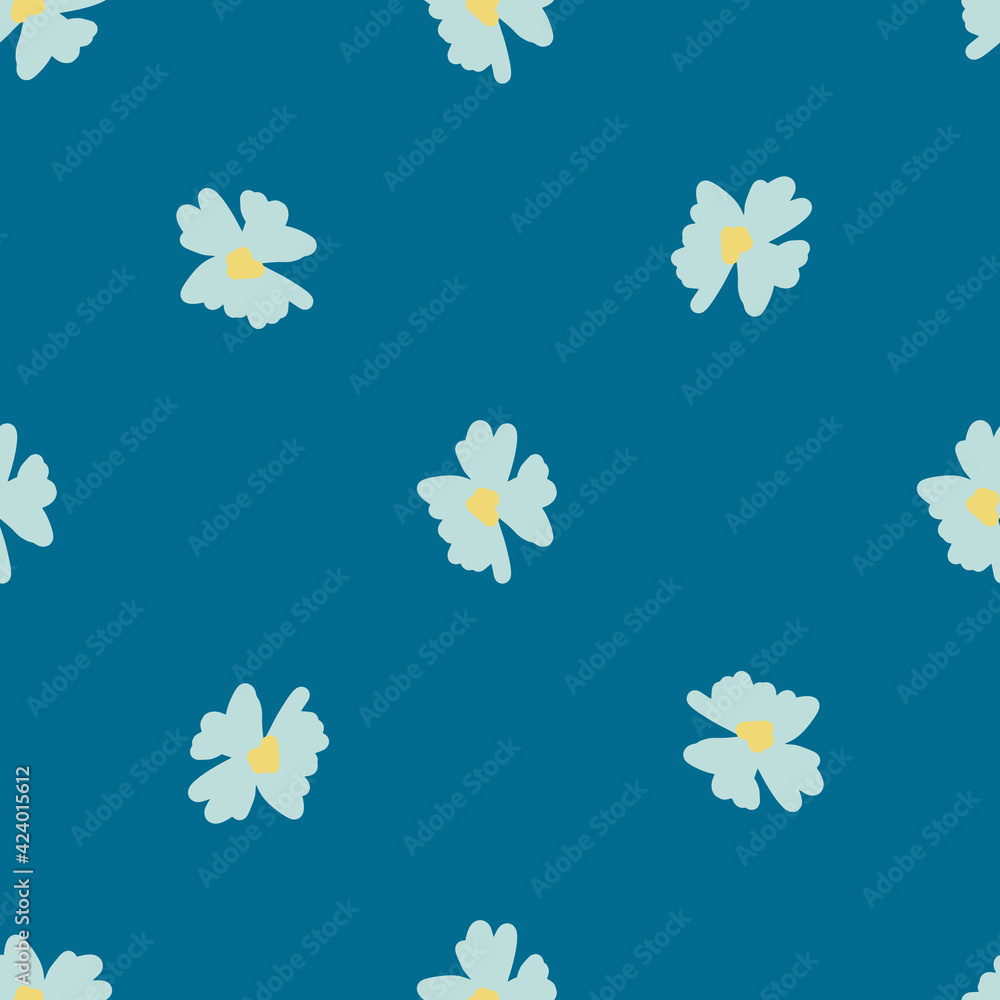 Simple style seamless pattern with blue colored flowers print on bright navy blue background. Simple style seamless pattern with blue colored flowers print on bright navy blue background.