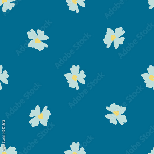Simple style seamless pattern with blue colored flowers print on bright navy blue background. © Lidok_L