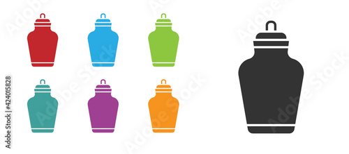 Black Funeral urn icon isolated on white background. Cremation and burial containers, columbarium vases, jars and pots with ashes. Set icons colorful. Vector
