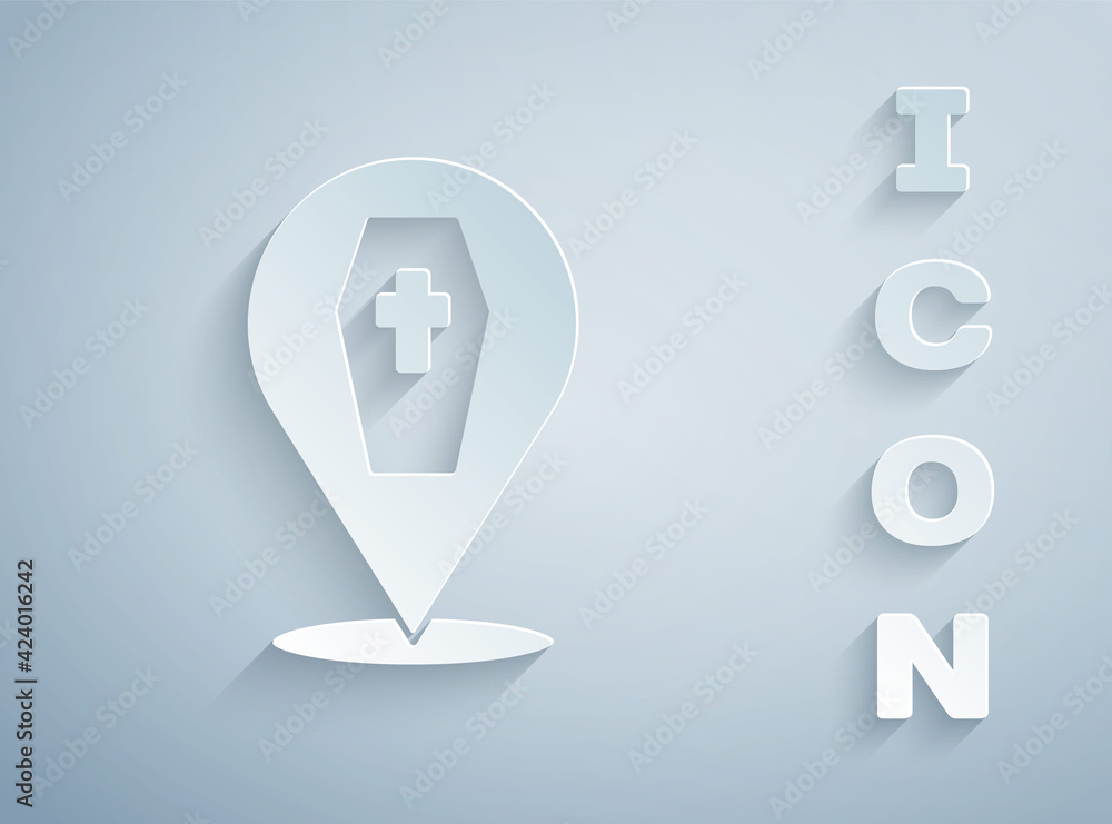 Paper cut Coffin with christian cross icon isolated on grey background. Happy Halloween party. Paper art style. Vector Paper cut Coffin with christian cross icon isolated on grey background. Happy Halloween party. Paper art style. Vector