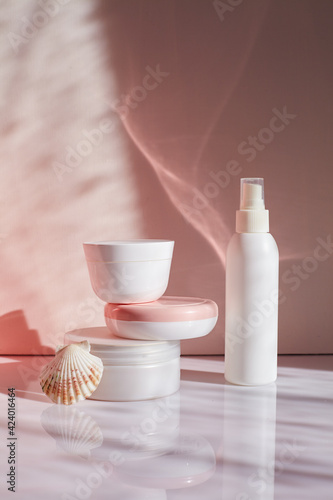 Natural cosmetic cream, skincare, blank bottle..Bio organic product. Background.