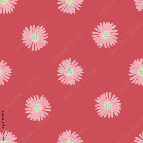Minimalistic style seamless pattern with pale pink daisy flowers ornament. Pink background. Doodle backdrop. © Lidok_L