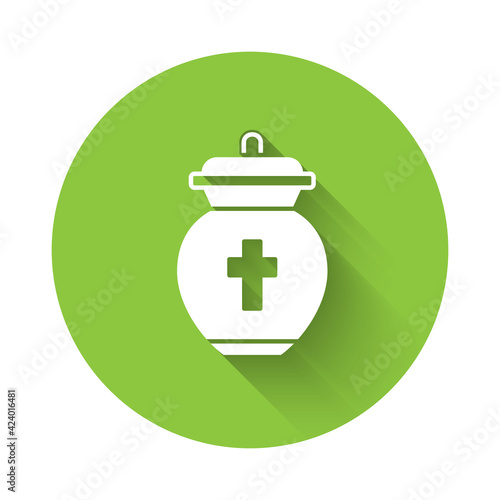 White Funeral urn icon isolated with long shadow. Cremation and burial containers, columbarium vases, jars and pots with ashes. Green circle button. Vector