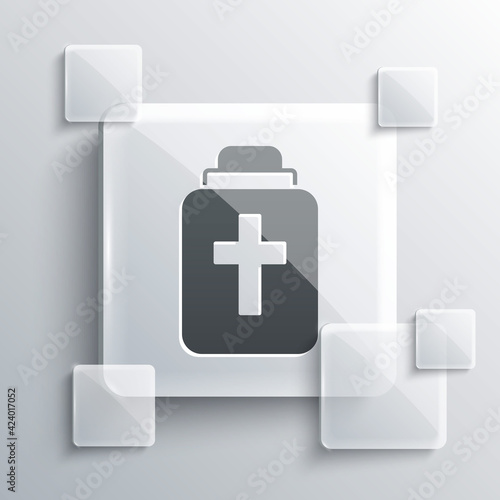 Grey Funeral urn icon isolated on grey background. Cremation and burial containers, columbarium vases, jars and pots with ashes. Square glass panels. Vector