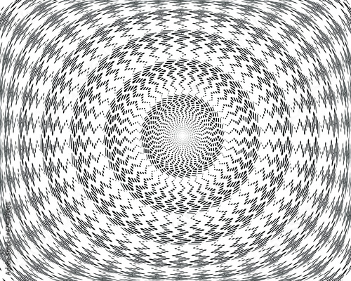  Abstract rotated white lines in circle form on black background. Geometric art. Design element. Digital image with a psychedelic stripes. Vector illustration zig zag