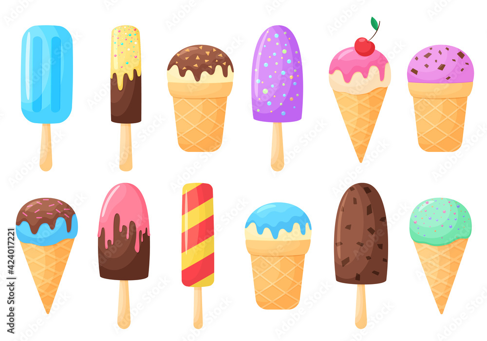 Set of vector ice cream in cartoon style. Ice cream in a cone, waffle cup, on a stick. Isolated on belm background. Summer beach desserts collection
Set of vector ice cream in cartoon style. Ice cream in a cone, waffle cup, on a stick. Isolated on belm background. Summer beach desserts collection