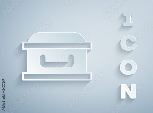 Paper cut Coffin with christian cross icon isolated on grey background. Happy Halloween party. Paper art style. Vector