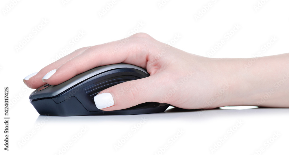 Black PC mouse in hand on white background isolation Black PC mouse in hand on white background isolation