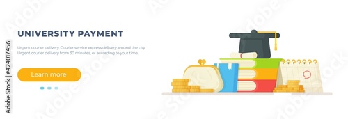 College tuition. Vector illustration of the change of money. Preparing for exams. Site for payment for university.