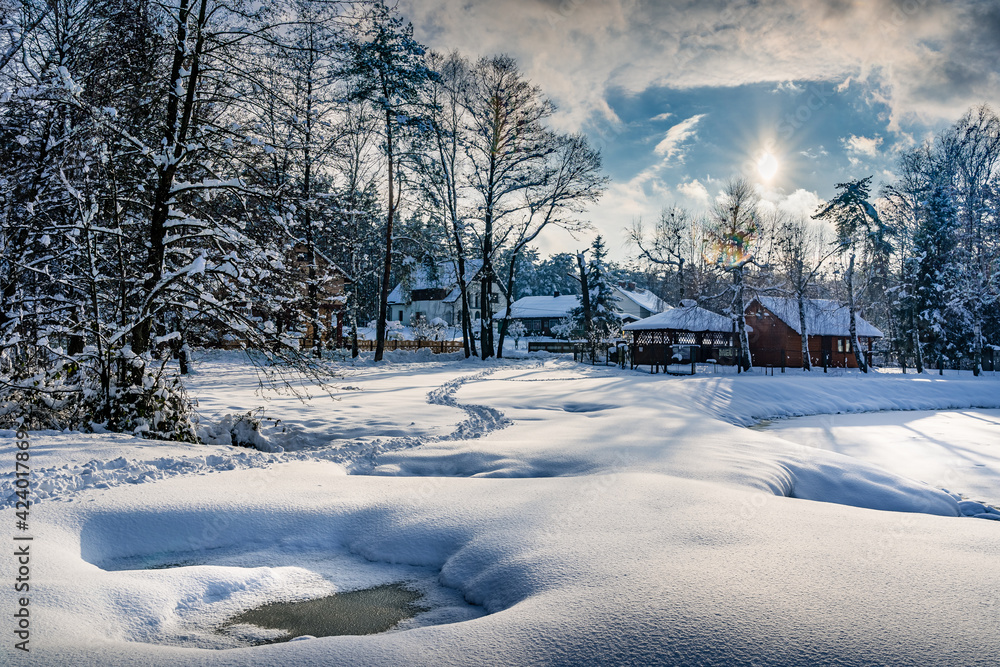Zimowy krajobraz w Kamionce na Podkarpaciu - obrazy, fototapety, plakaty 