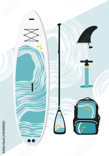 Inflatable multi-seat SUP board for family walks and equipment: paddle, backpack, fin, pump. Station wagon, touring, MultiSap on a background with waves.