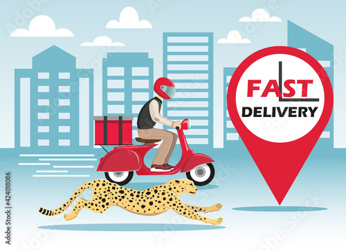Fast tracking delivery by scooter. The fastest delivery speed like a cheetah. City background. Concept for webpage or app design