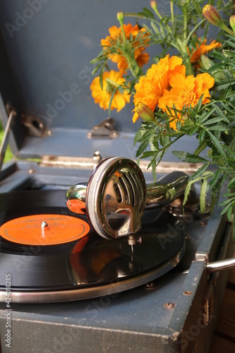 Vintage gramophone in retro style on background of flowers