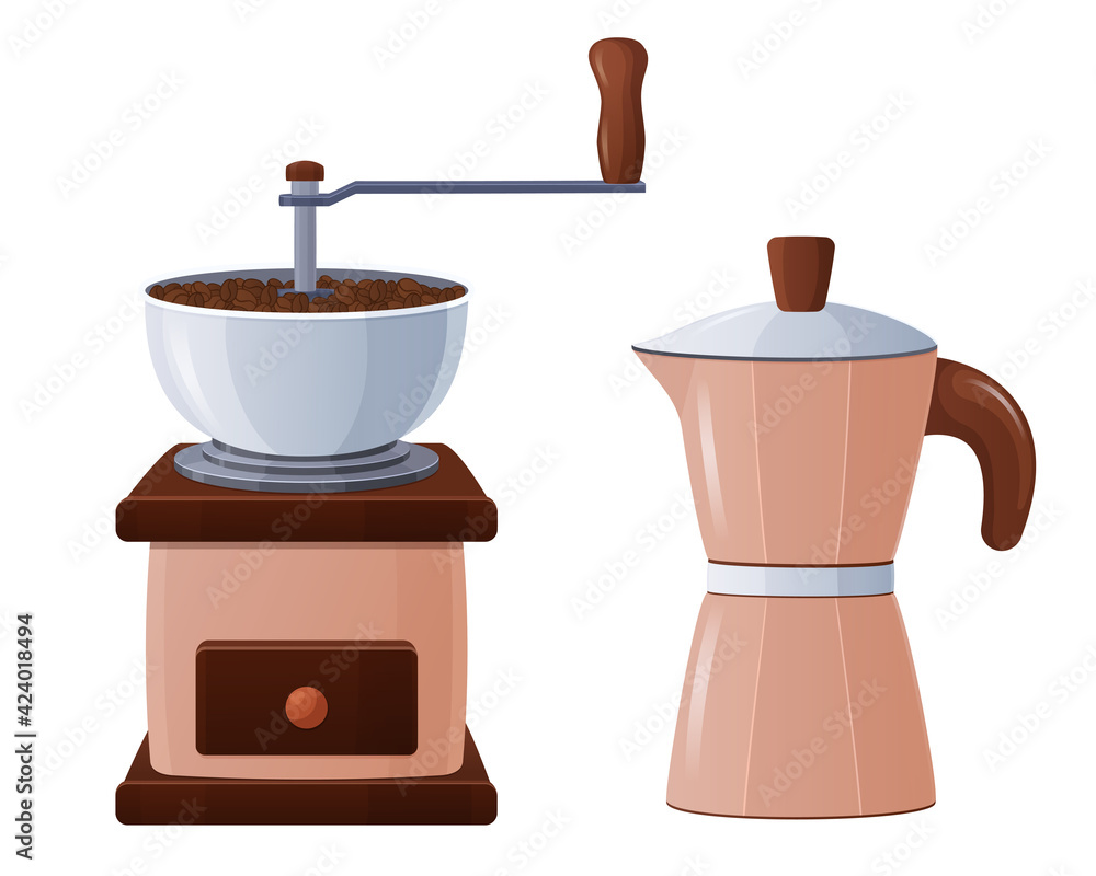 Vector illustration of coffee grinder and geyser coffee maker in cartoon style. Items for making coffee. Isolated on a white background.
Vector illustration of coffee grinder and geyser coffee maker in cartoon style. Items for making coffee. Isolated on a white background.