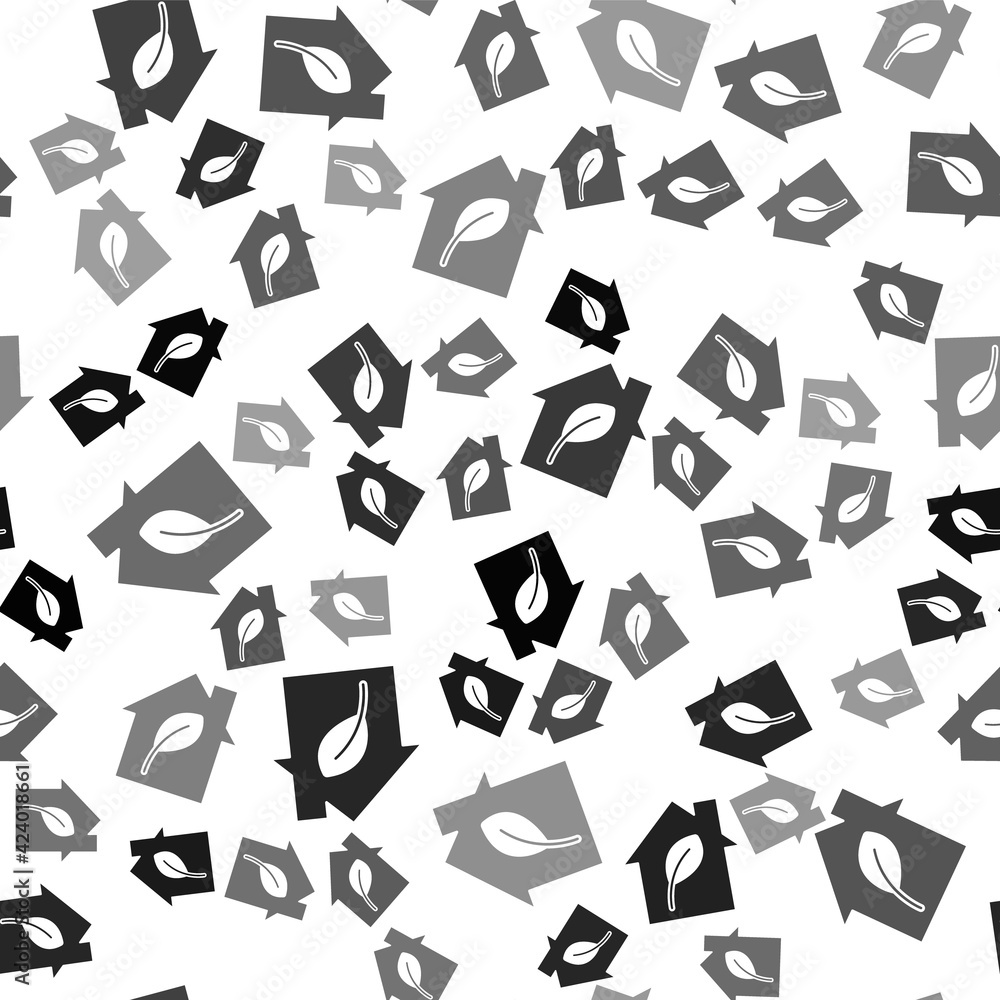 Black Eco friendly house icon isolated seamless pattern on white background. Eco house with leaf. Vector Black Eco friendly house icon isolated seamless pattern on white background. Eco house with leaf. Vector
