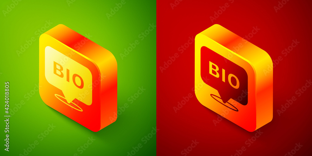 Isometric Bio green healthy food icon isolated on green and red background. Organic product. Healthy food sticker. Square button. Vector Isometric Bio green healthy food icon isolated on green and red background. Organic product. Healthy food sticker. Square button. Vector
