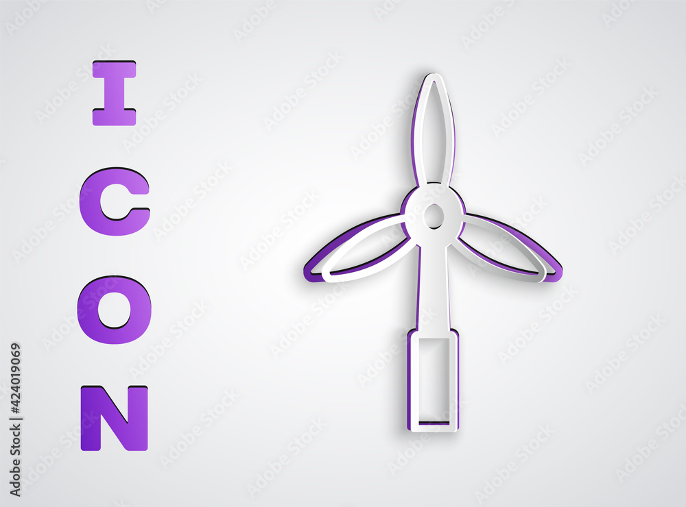 Paper cut Wind turbine icon isolated on grey background. Wind generator sign. Windmill for electric power production. Paper art style. Vector