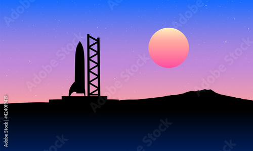 Space rocket ready to start on launching site. Spaceship silhouette takeoff countdown on the sunset illustration